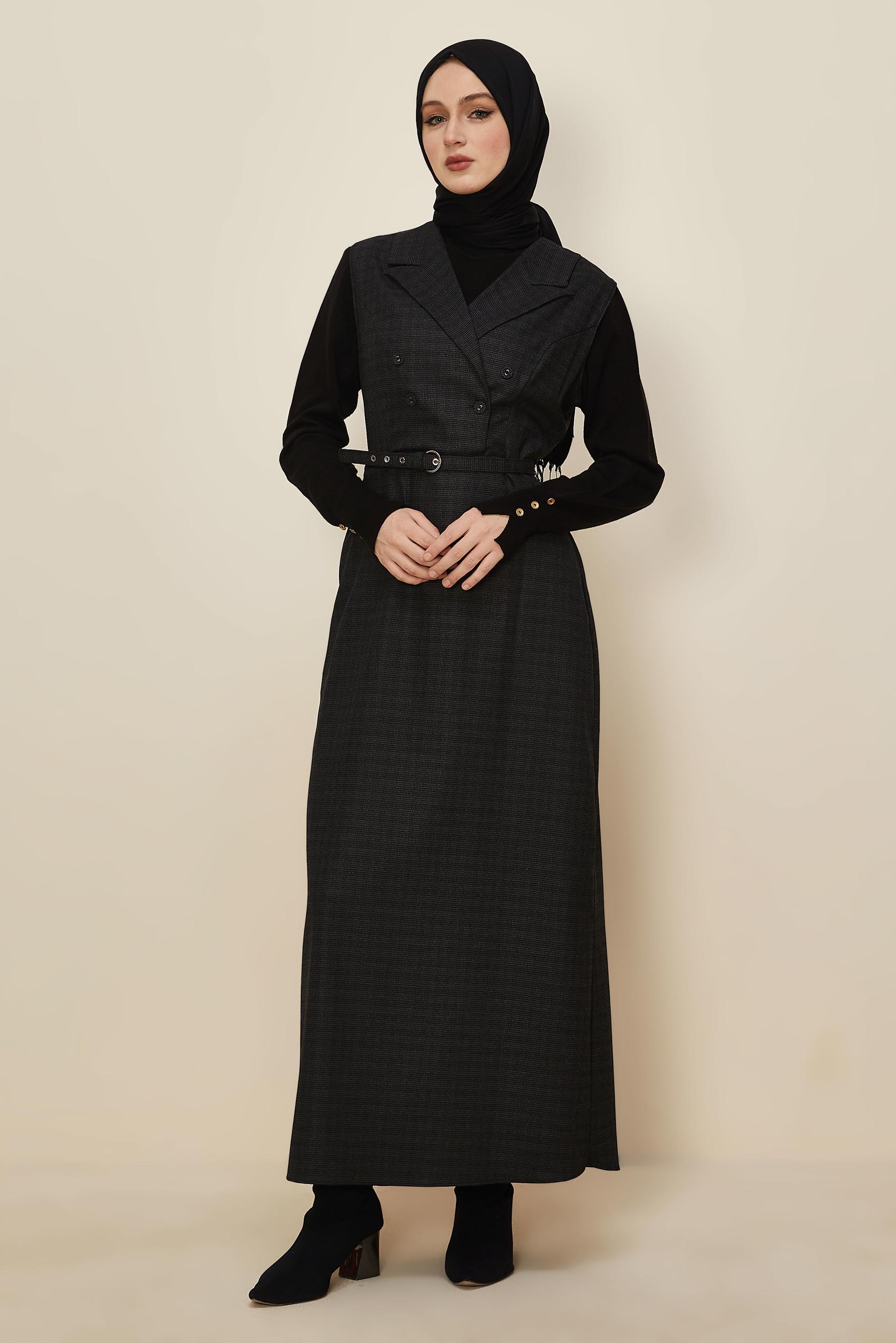 Hijab clothing BLACK BELTED PINAFORE DRESS 45954