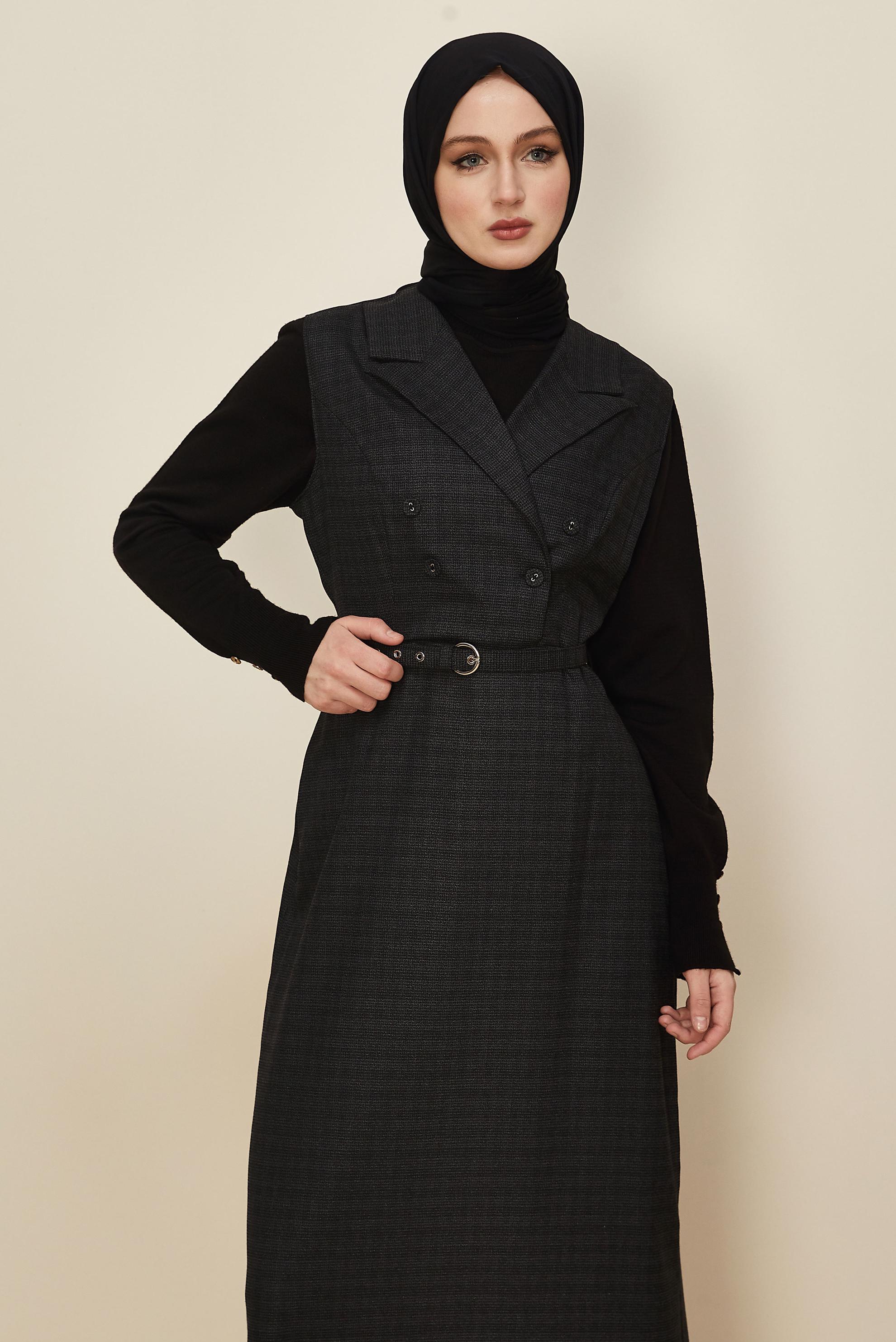 Hijab clothing BLACK BELTED PINAFORE DRESS 45954