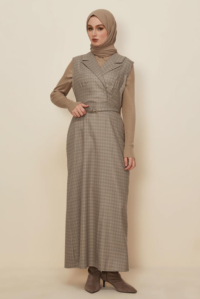 Tesettür giyim KAHVE KEMERLİ JİLE ELBİSE 45954 - ALVİNA