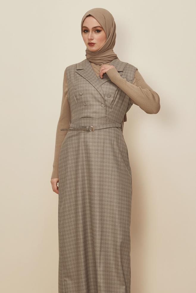 Tesettür giyim KAHVE KEMERLİ JİLE ELBİSE 45954 - ALVİNA