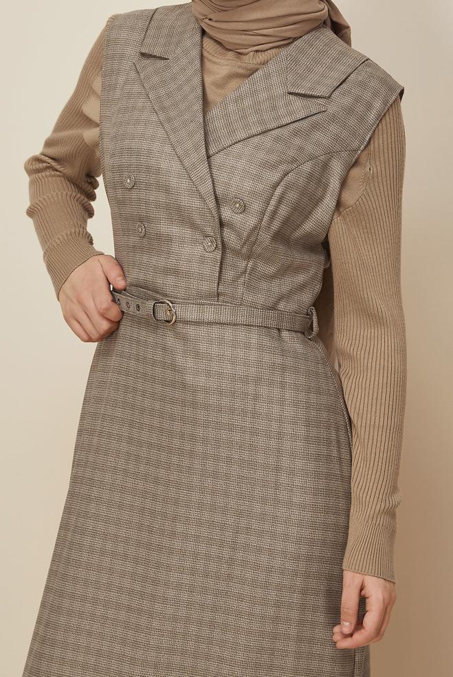 Tesettür giyim KAHVE KEMERLİ JİLE ELBİSE 45954 - ALVİNA