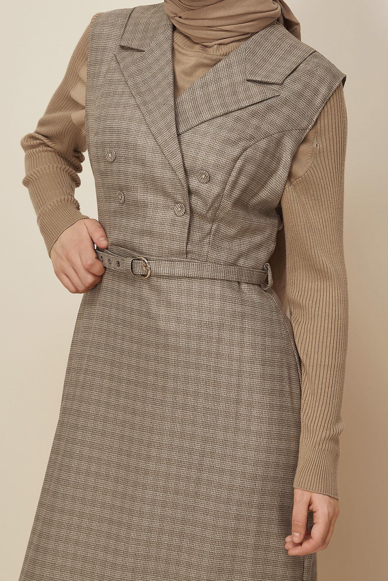 Tesettür giyim KAHVE KEMERLİ JİLE ELBİSE 45954