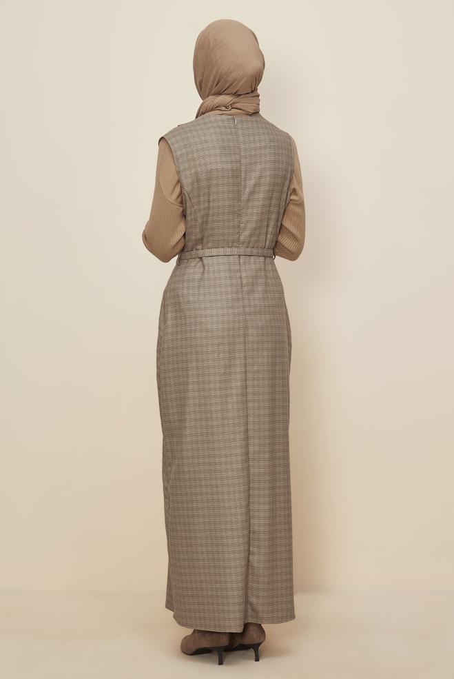 Tesettür giyim KAHVE KEMERLİ JİLE ELBİSE 45954 - ALVİNA