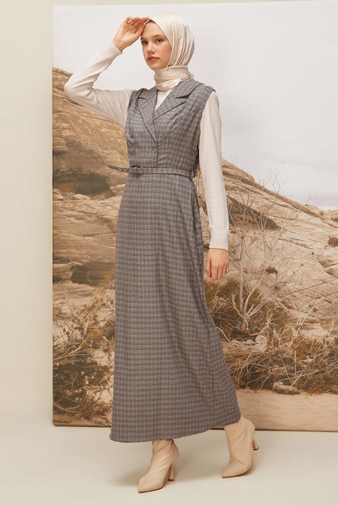 Tesettür giyim VİZON KEMERLİ JİLE ELBİSE 45954 - ALVİNA