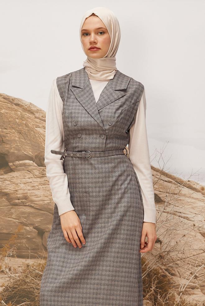 Tesettür giyim VİZON KEMERLİ JİLE ELBİSE 45954 - ALVİNA