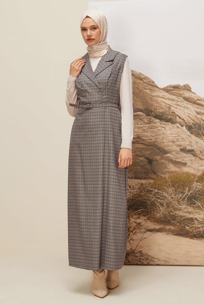 Tesettür giyim VİZON KEMERLİ JİLE ELBİSE 45954 - ALVİNA