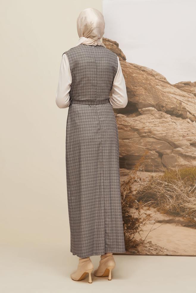 Tesettür giyim VİZON KEMERLİ JİLE ELBİSE 45954 - ALVİNA