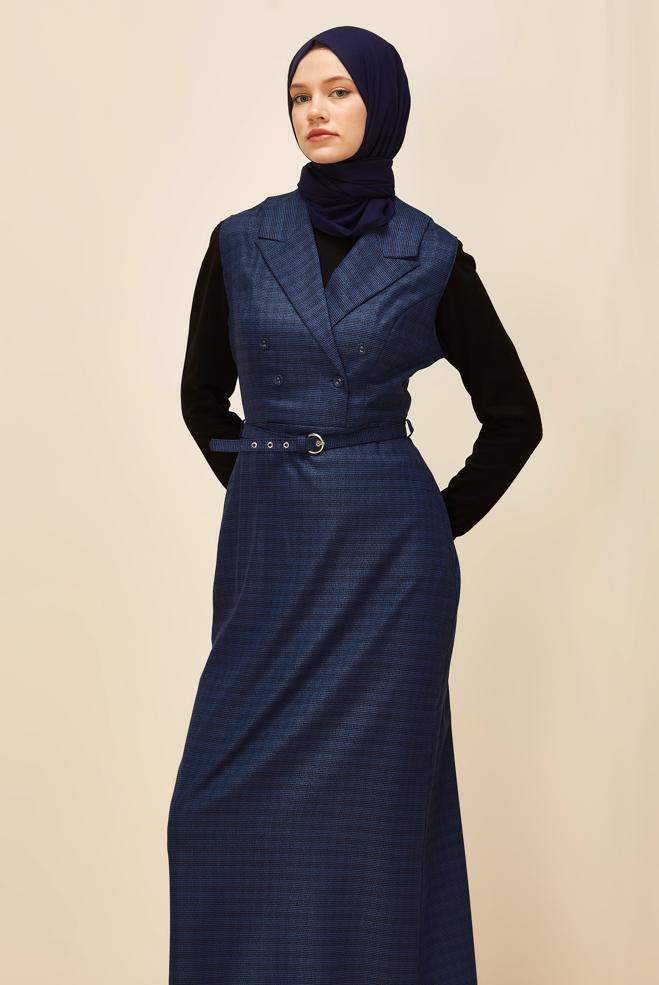 Vêtements hijab BLEU MARINE ROBE SALOPETTE CEINTURÉE 45954 - ALVİNA
