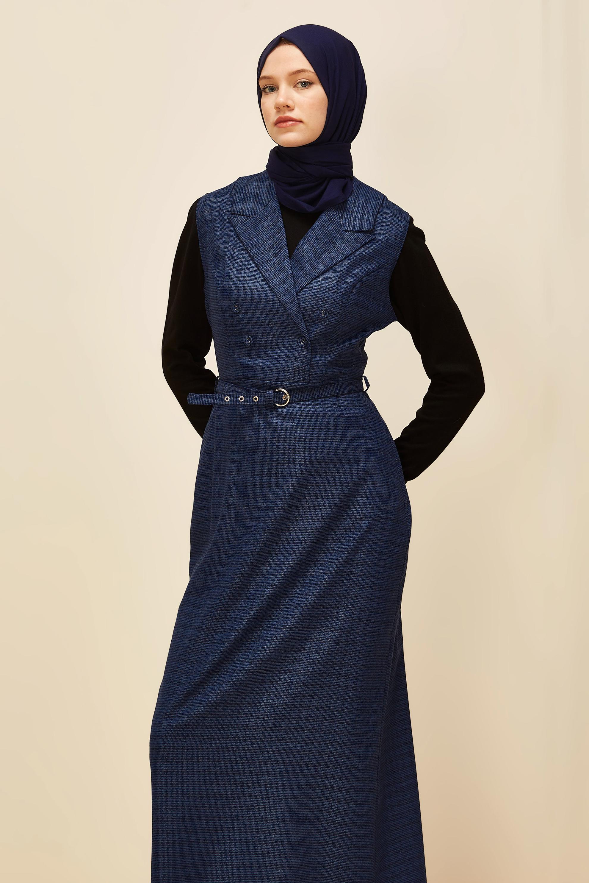 Tesettür giyim LACİVERT KEMERLİ JİLE ELBİSE 45954