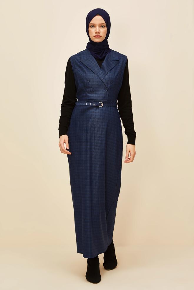 Vêtements hijab BLEU MARINE ROBE SALOPETTE CEINTURÉE 45954 - ALVİNA