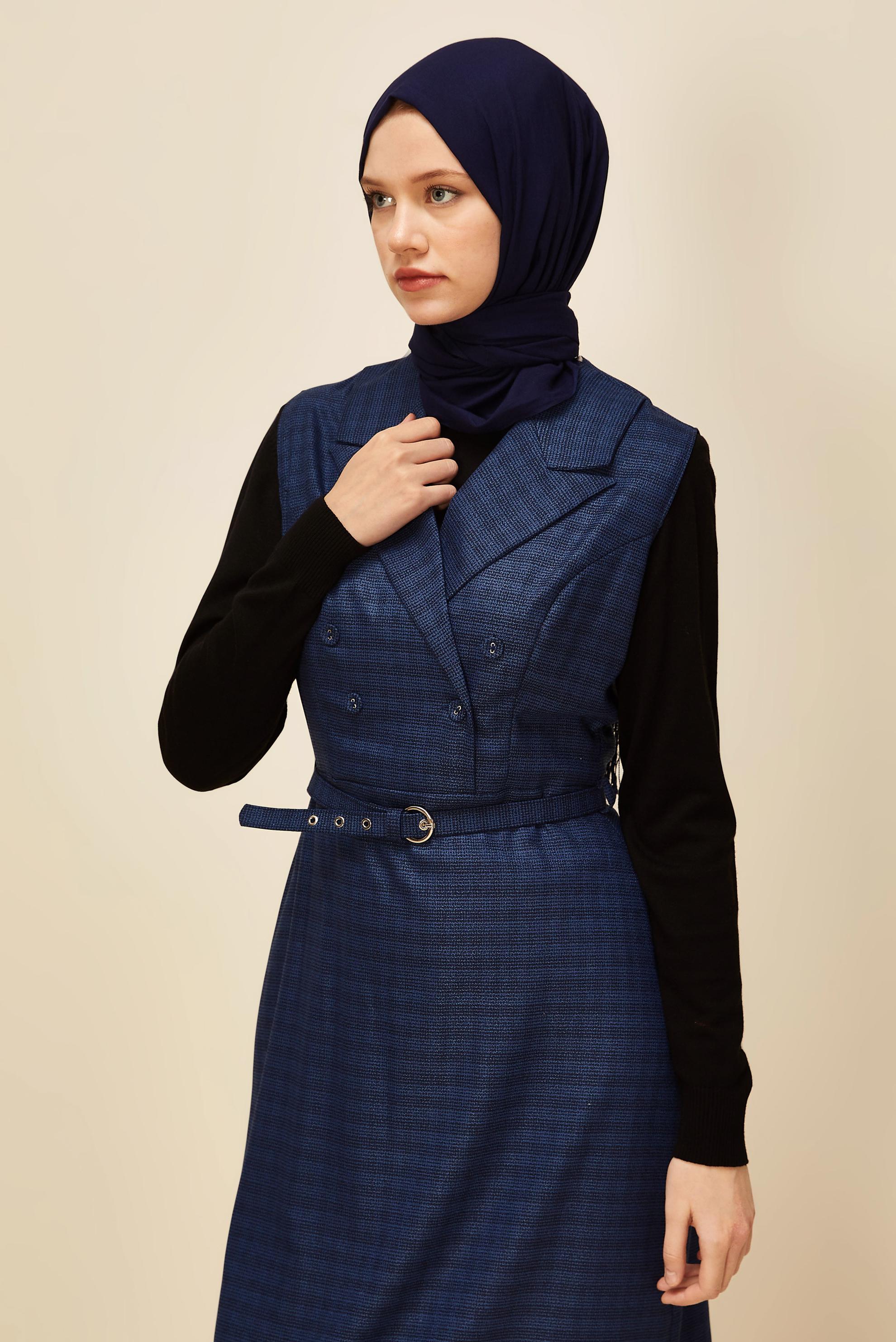 Tesettür giyim LACİVERT KEMERLİ JİLE ELBİSE 45954