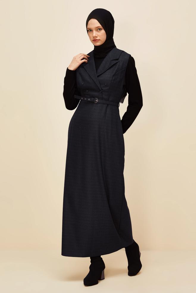 Vêtements hijab BLEU MARINE ROBE SALOPETTE CEINTURÉE 45954 - ALVİNA