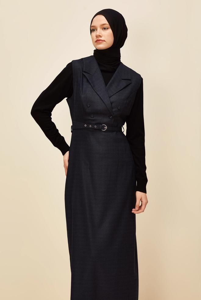 Vêtements hijab BLEU MARINE ROBE SALOPETTE CEINTURÉE 45954 - ALVİNA