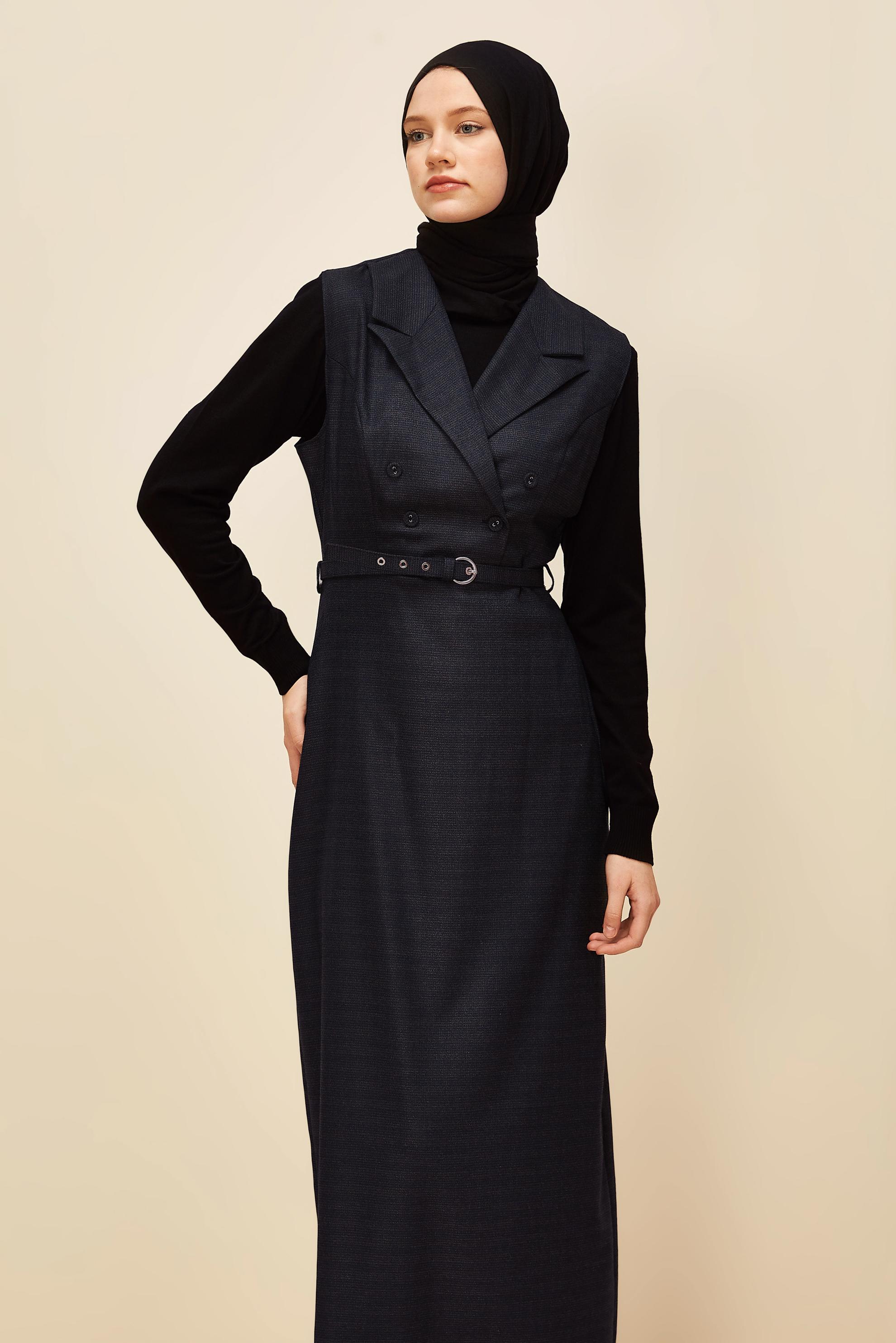 Tesettür giyim LACİVERT KEMERLİ JİLE ELBİSE 45954