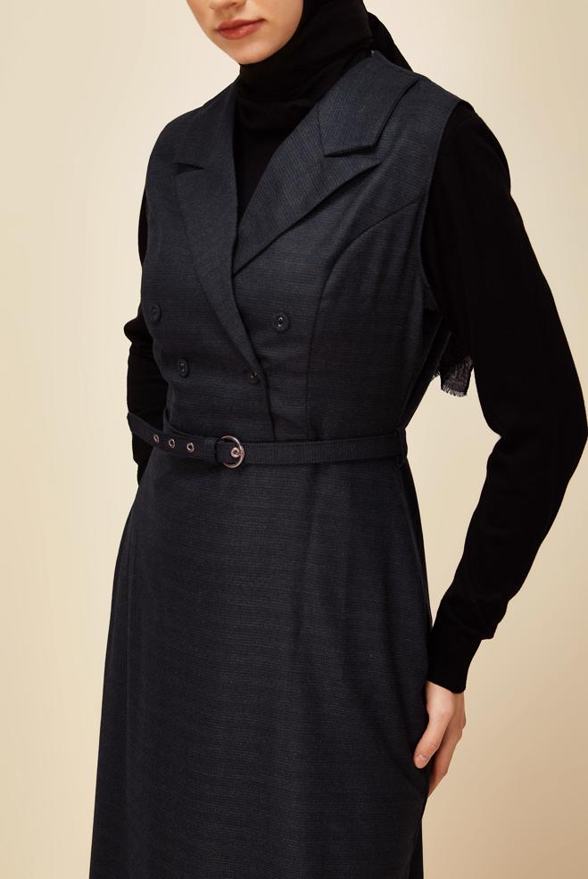 Vêtements hijab BLEU MARINE ROBE SALOPETTE CEINTURÉE 45954 - ALVİNA
