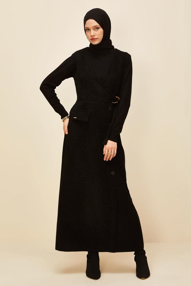 Vêtements hijab NOIR ROBE CHASUBLE À ENCOLURE EN V 45969 - ALVİNA