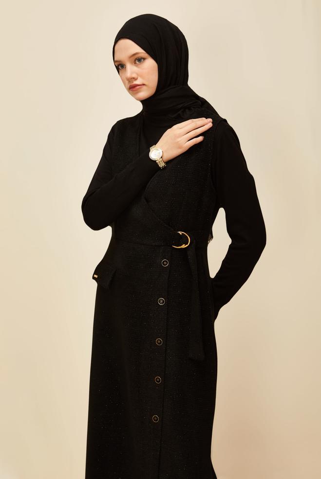 Vêtements hijab NOIR ROBE CHASUBLE À ENCOLURE EN V 45969 - ALVİNA