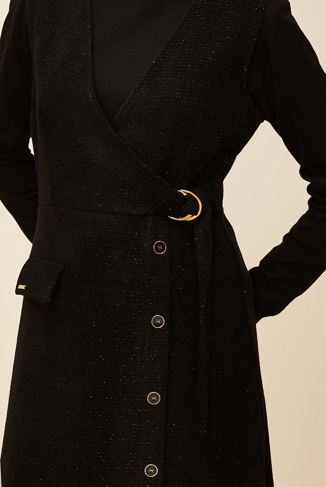Vêtements hijab NOIR ROBE CHASUBLE À ENCOLURE EN V 45969 - ALVİNA