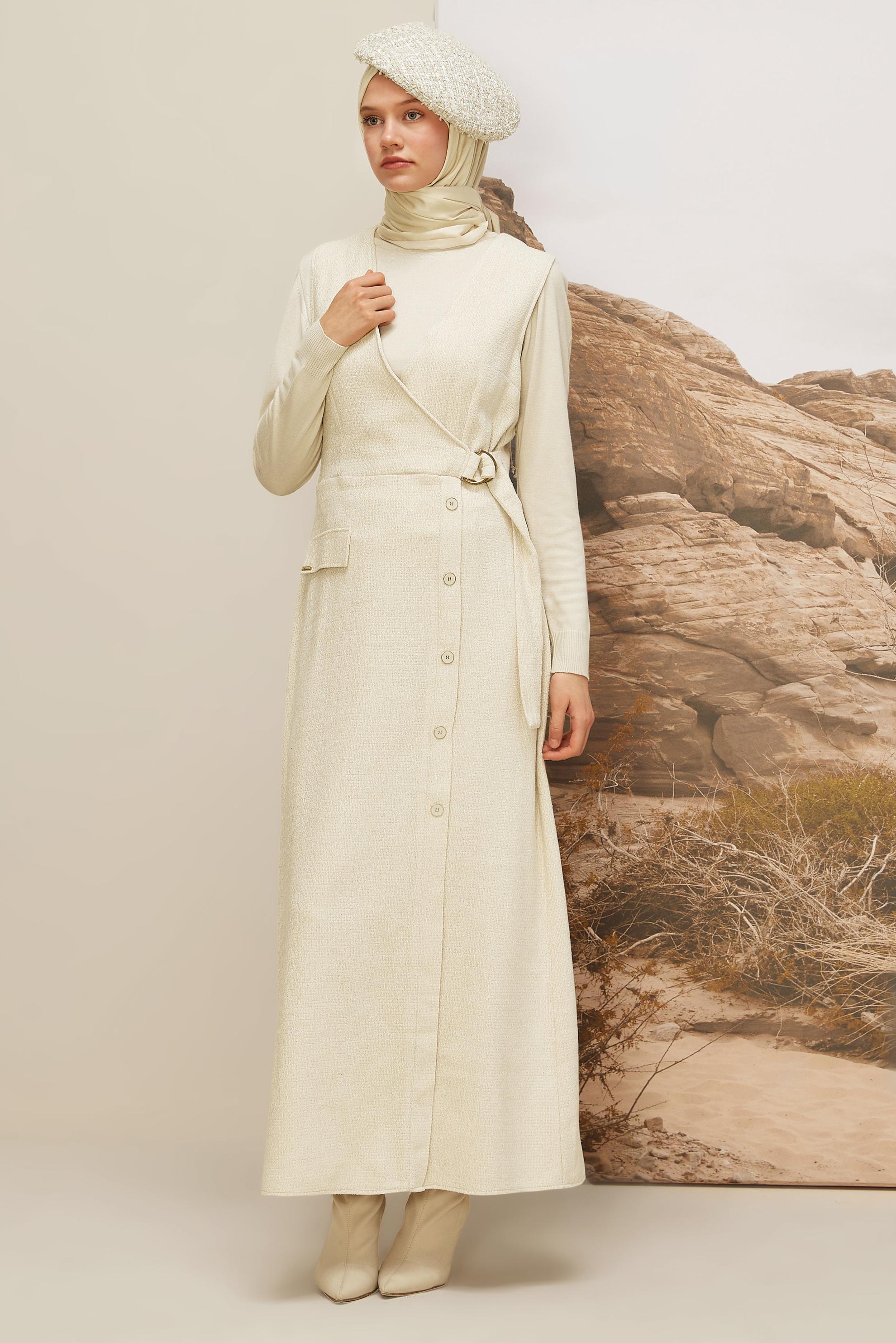 Tesettür giyim EKRU V YAKA JİLE ELBİSE 45969