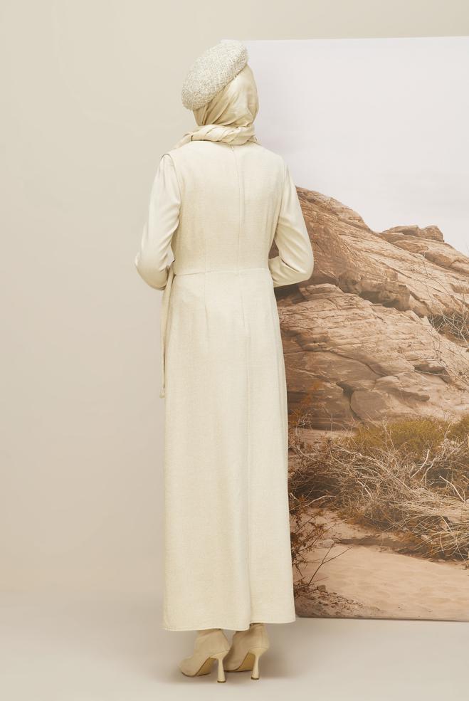 Vêtements hijab BEIGE ROBE CHASUBLE À ENCOLURE EN V 45969 - ALVİNA
