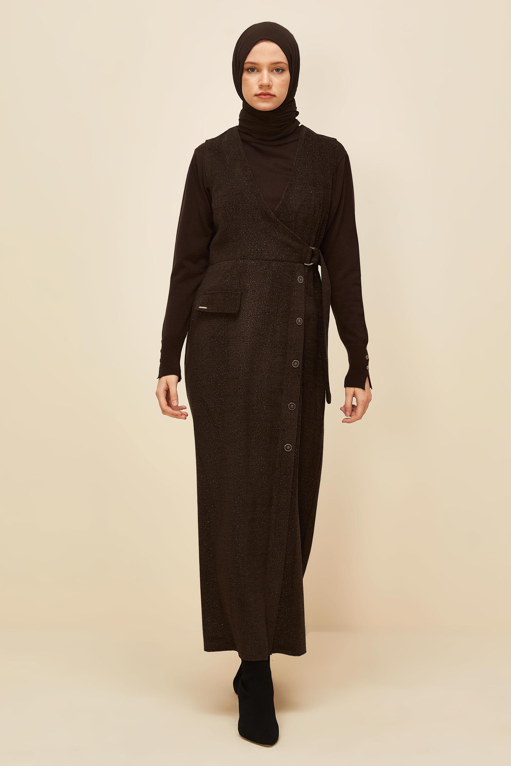 Hijab clothing BROWN V-NECK PINAFORE DRESS 45969