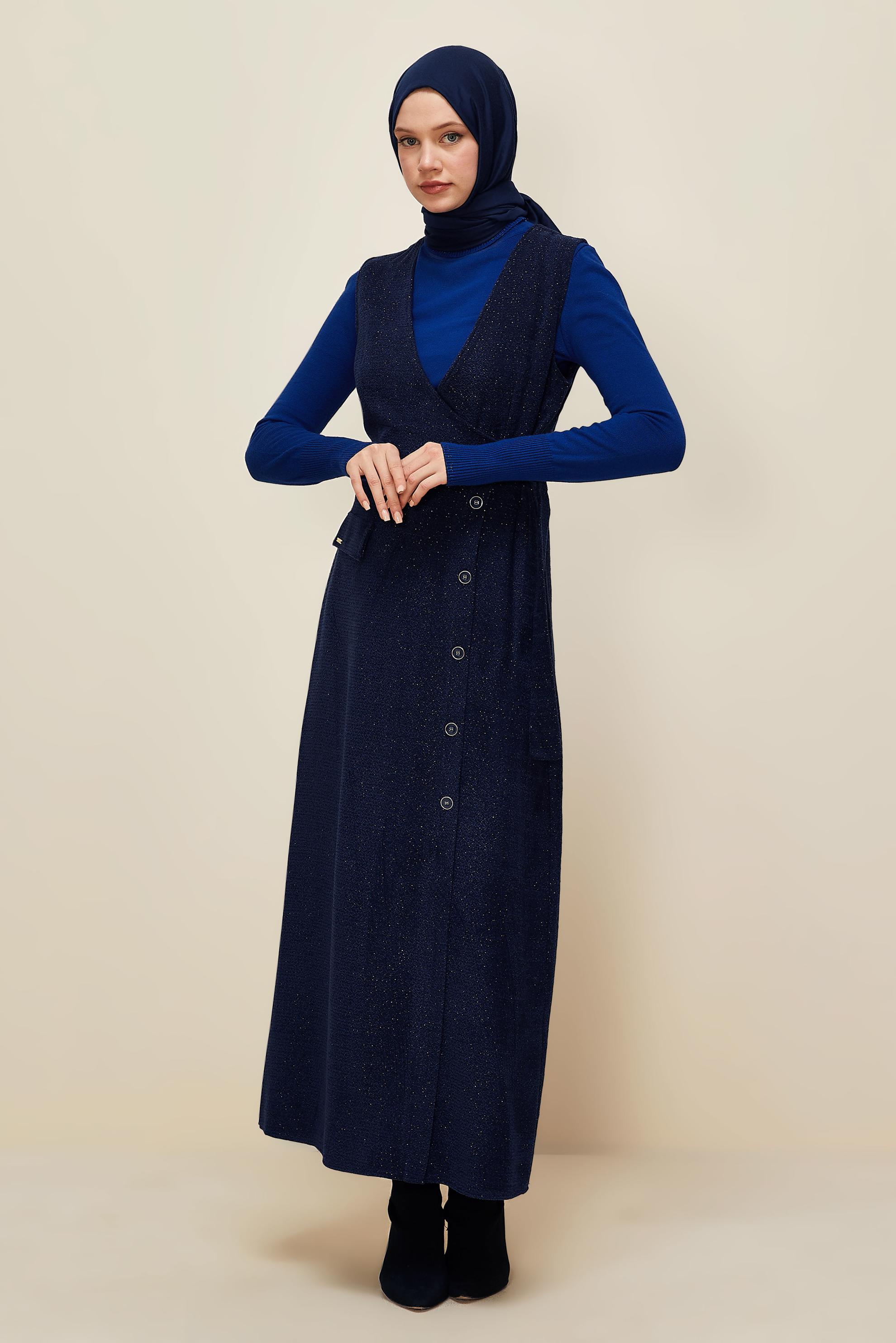 Tesettür giyim LACİVERT V YAKA JİLE ELBİSE 45969