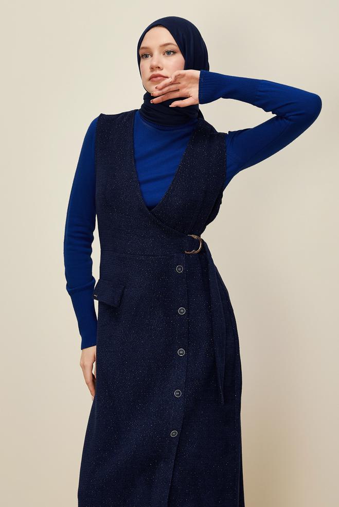 Tesettür giyim LACİVERT V YAKA JİLE ELBİSE 45969 - ALVİNA