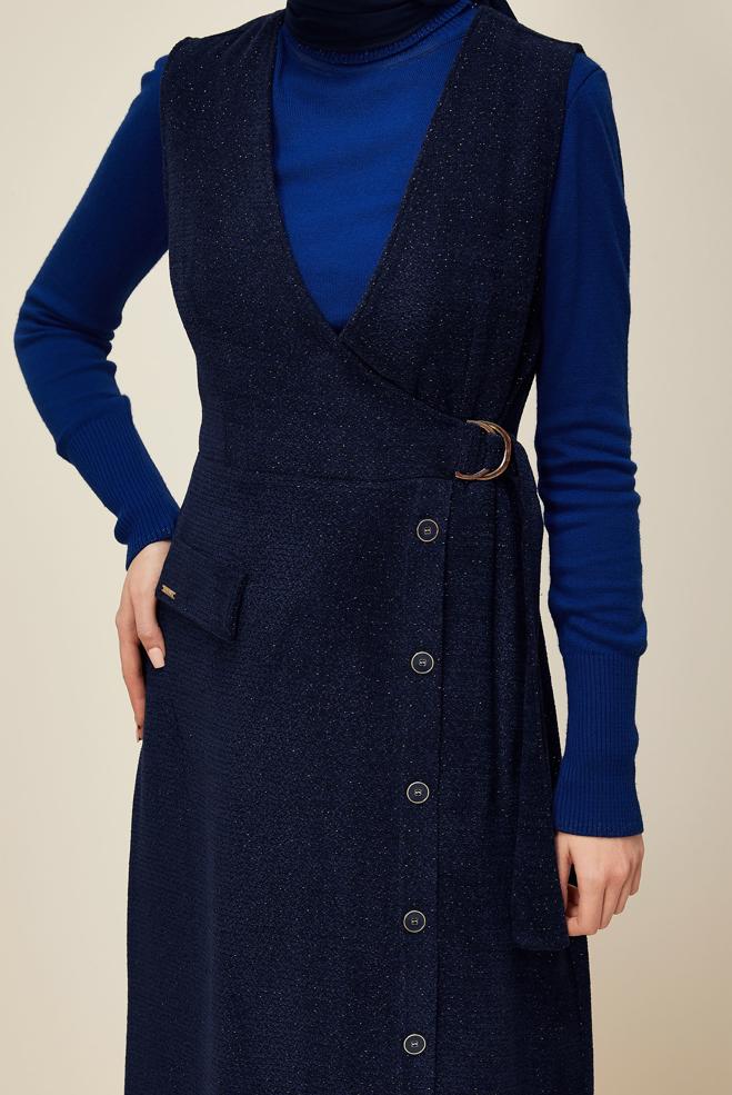 Tesettür giyim LACİVERT V YAKA JİLE ELBİSE 45969 - ALVİNA