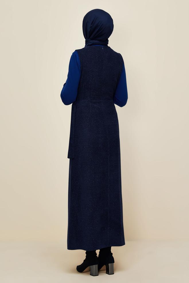 Tesettür giyim LACİVERT V YAKA JİLE ELBİSE 45969 - ALVİNA