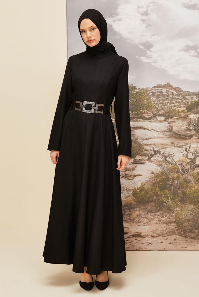 Vêtements hijab NOIR ROBE À CEINTURE DÉTAILLÉE 45970 - ALVİNA