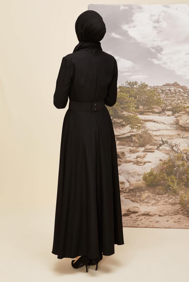 Vêtements hijab NOIR ROBE À CEINTURE DÉTAILLÉE 45970 - ALVİNA