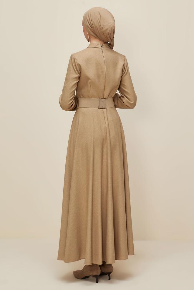 Vêtements hijab BEIGE ROBE À CEINTURE DÉTAILLÉE 45970 - ALVİNA