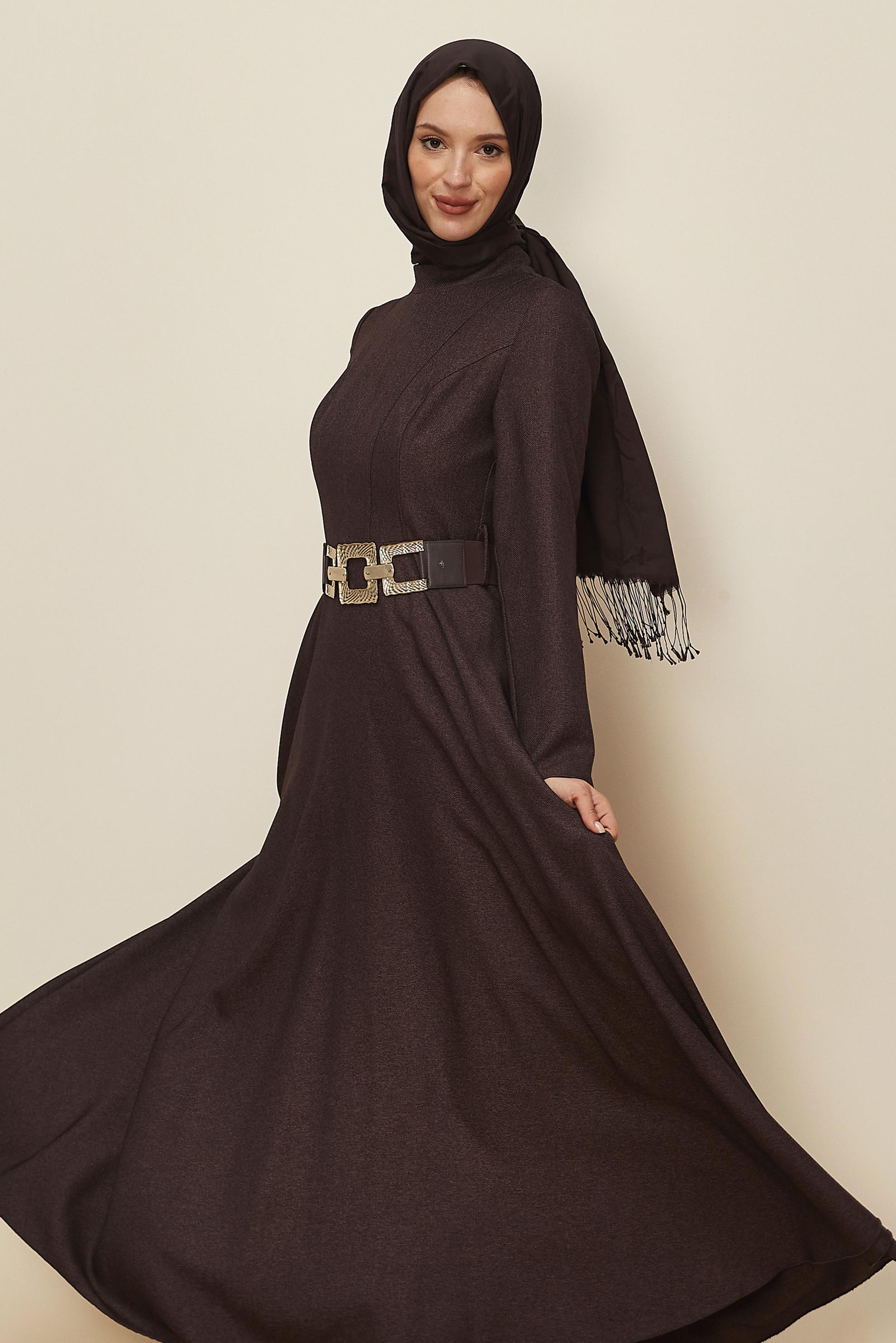 Tesettür giyim KAHVE KEMER DETAYLI ELBİSE 45970