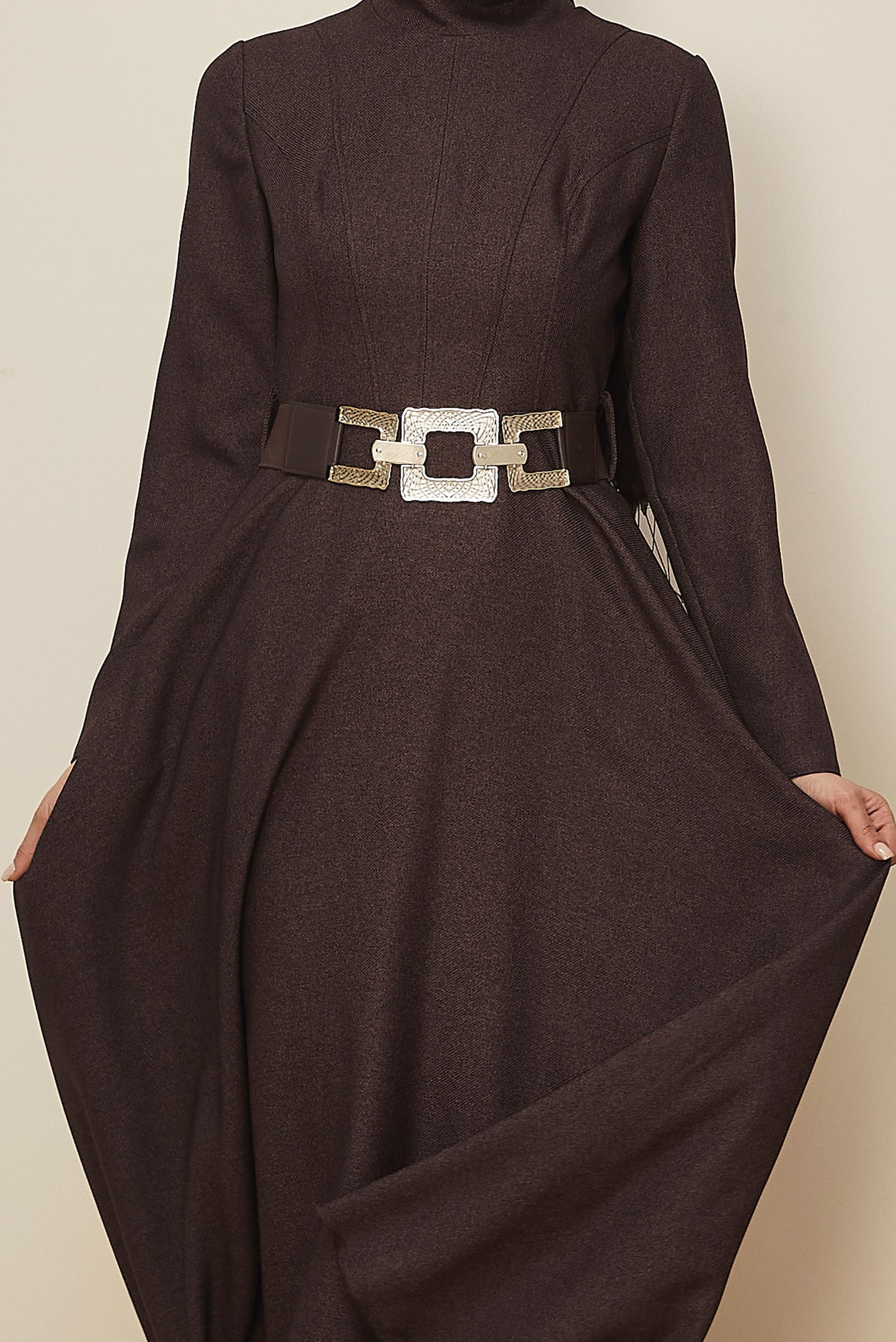 Tesettür giyim KAHVE KEMER DETAYLI ELBİSE 45970