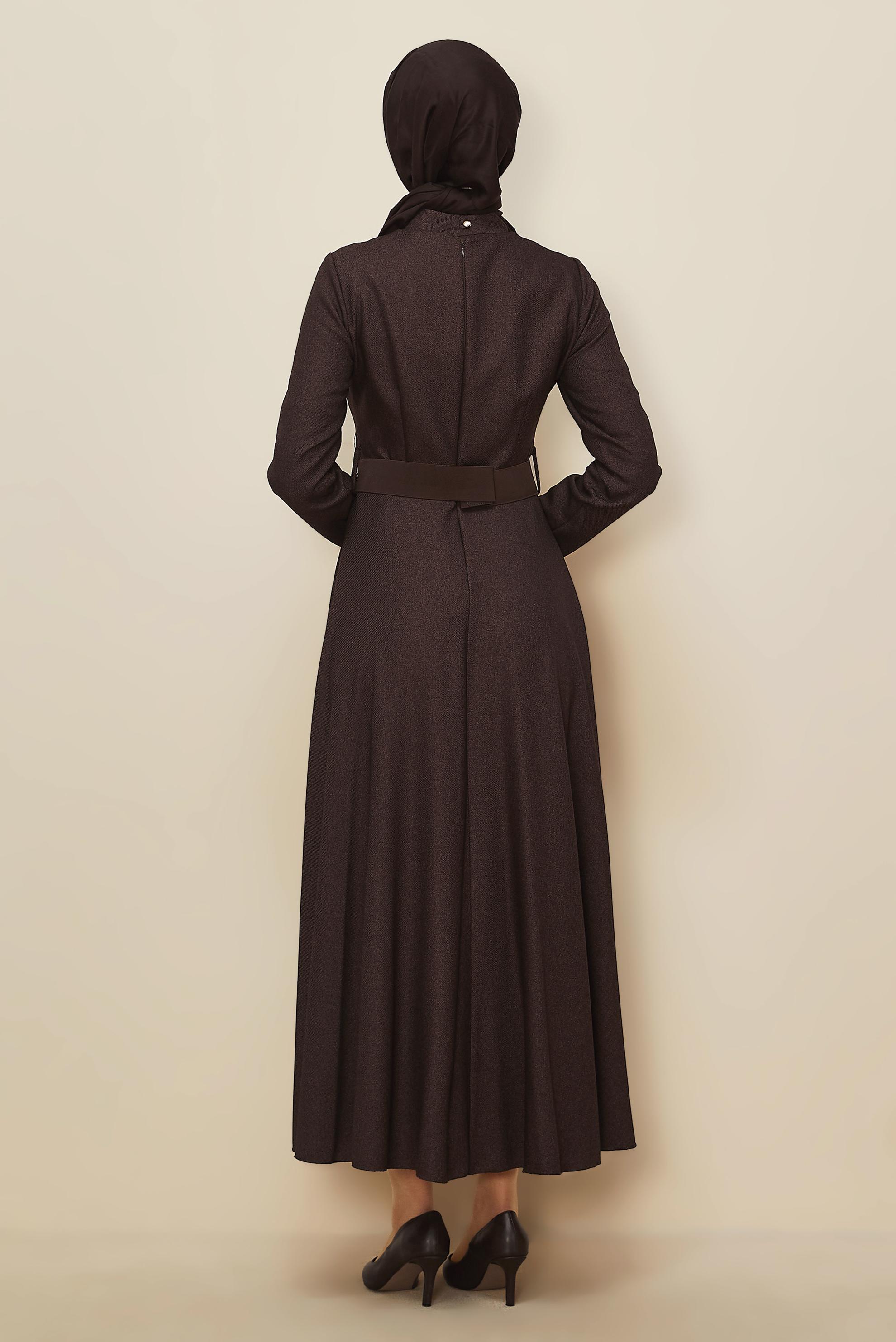 Tesettür giyim KAHVE KEMER DETAYLI ELBİSE 45970
