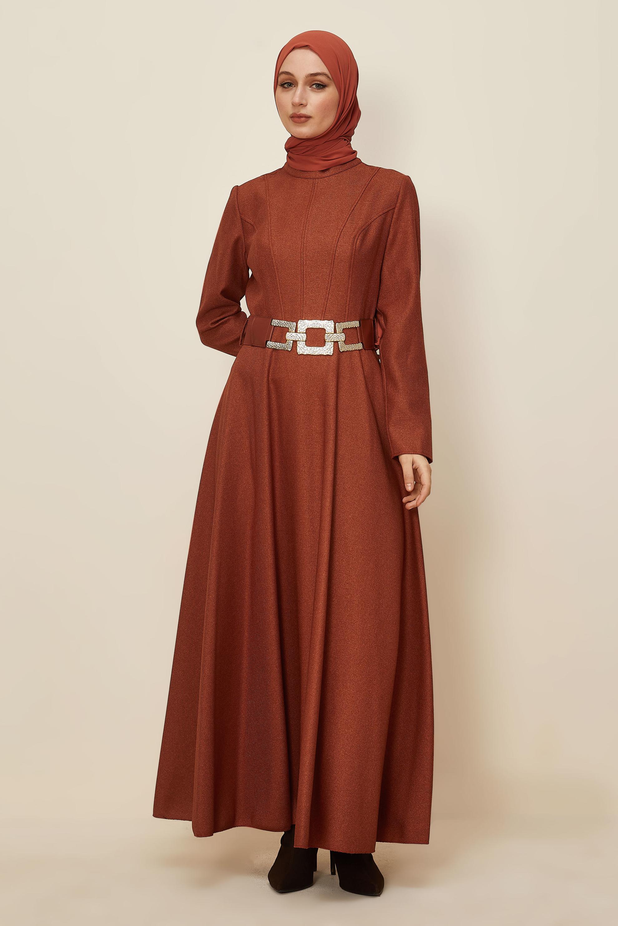 Tesettür giyim TURUNCU KEMER DETAYLI ELBİSE 45970
