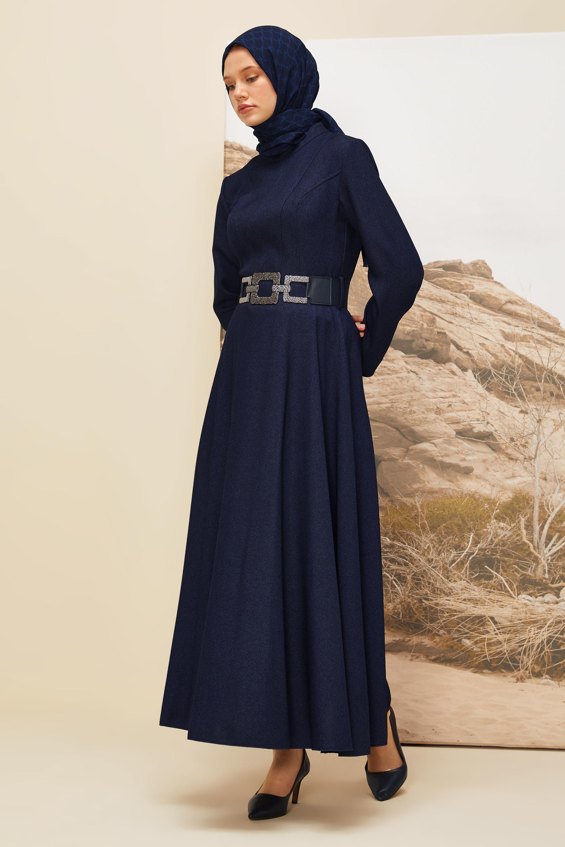 Tesettür giyim LACİVERT KEMER DETAYLI ELBİSE 45970