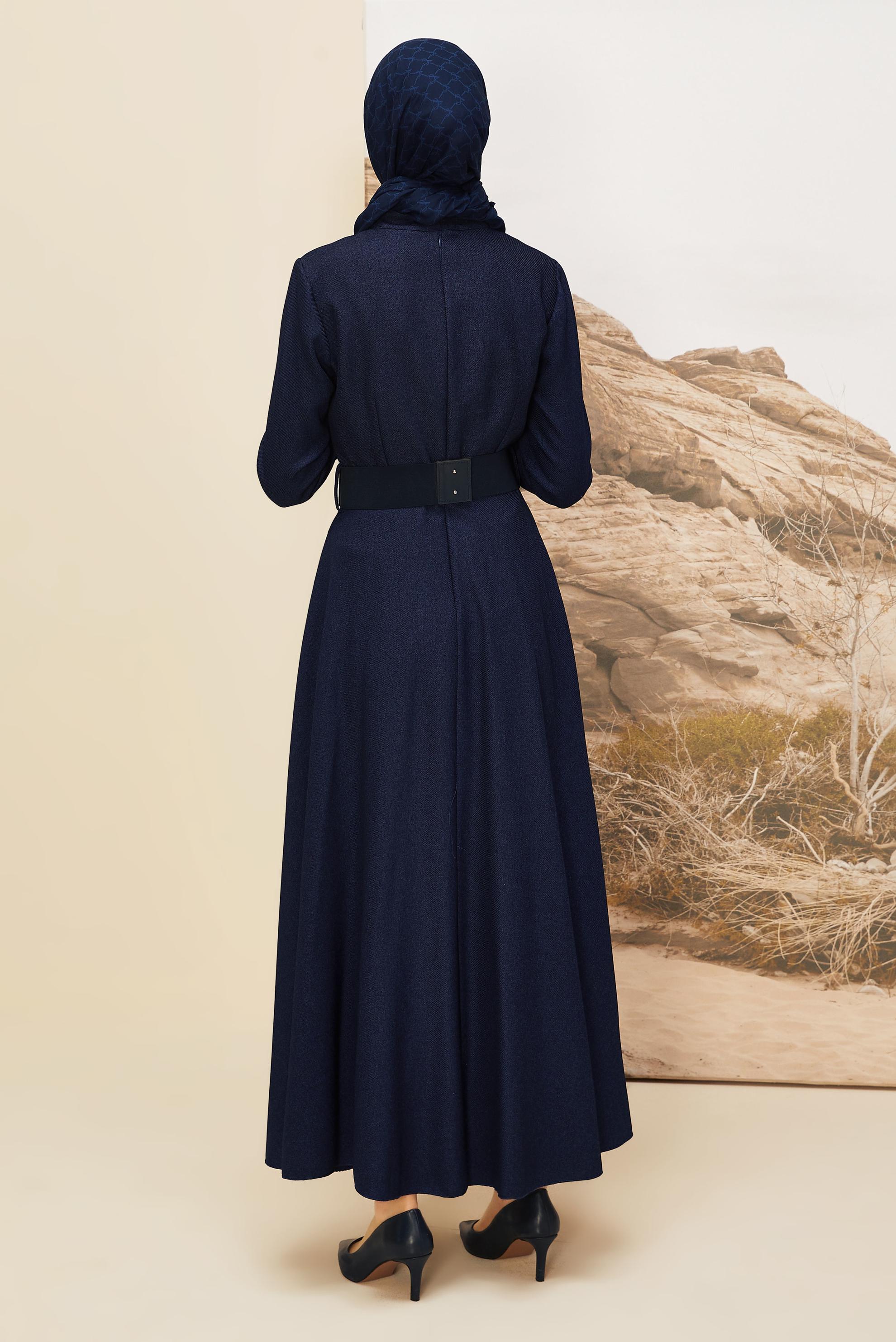 Tesettür giyim LACİVERT KEMER DETAYLI ELBİSE 45970