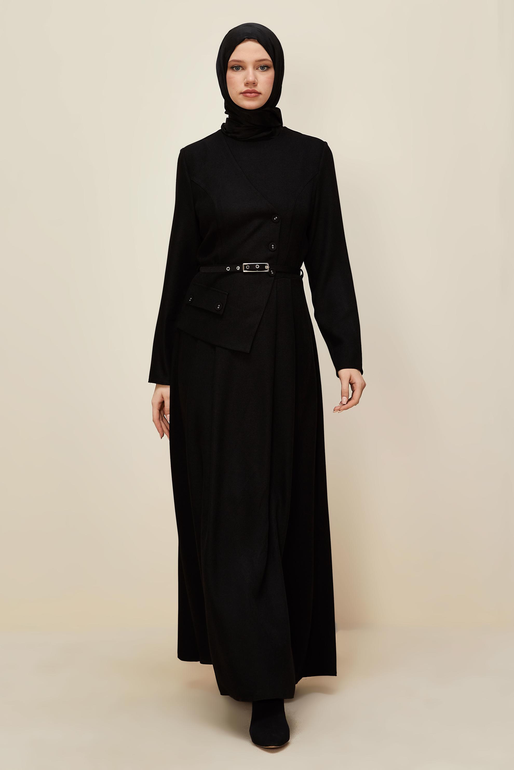 Tesettür giyim SİYAH CEKET GÖRÜNÜMLÜ KEMERLİ ELBİSE 45988