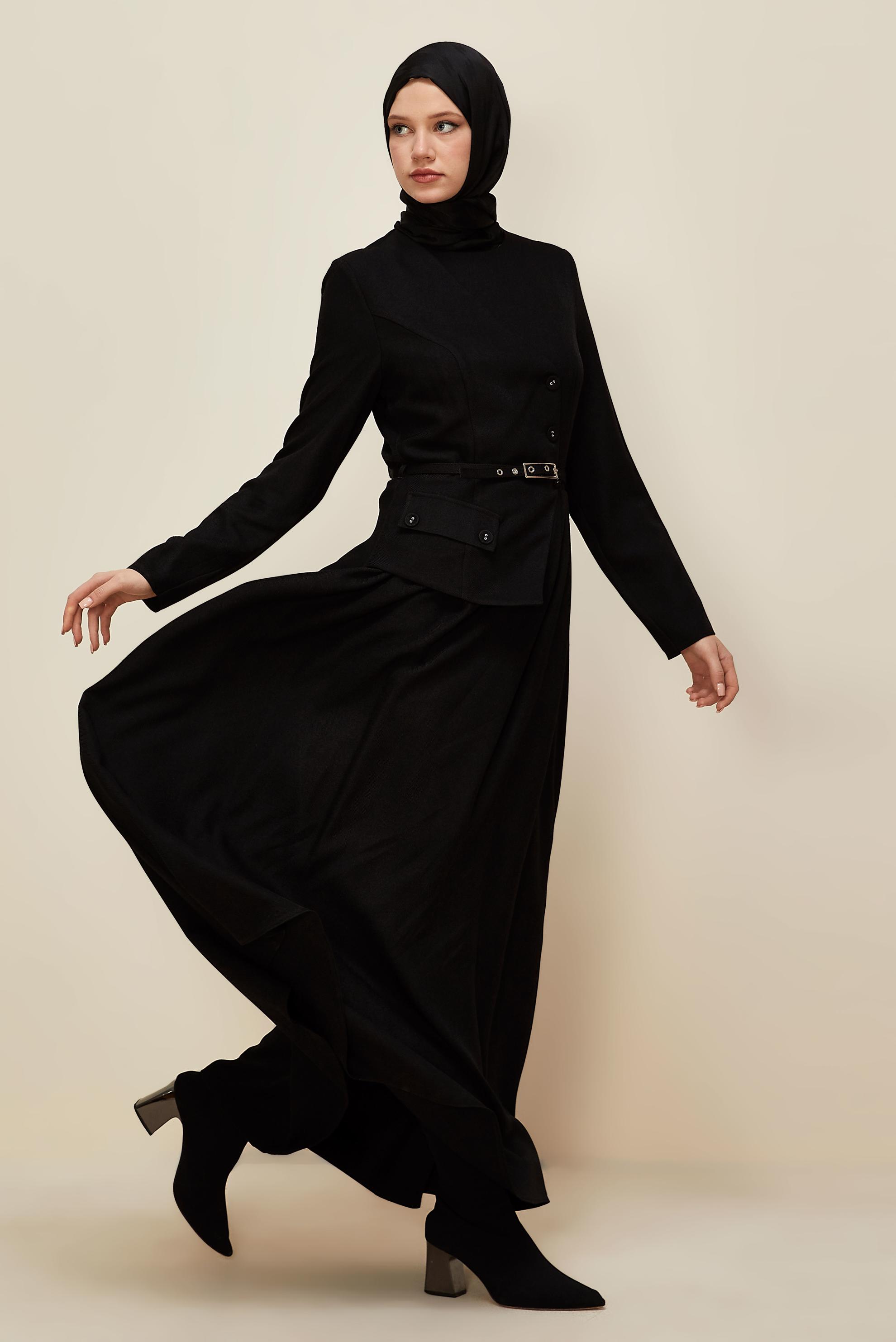 Tesettür giyim SİYAH CEKET GÖRÜNÜMLÜ KEMERLİ ELBİSE 45988