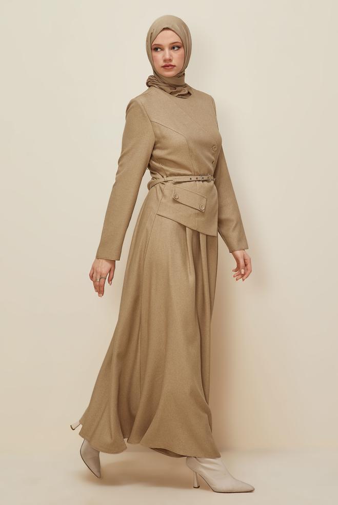 Hijab clothing BEIGE JACKET-LOOK BELTED DRESS 45988 - ALVİNA