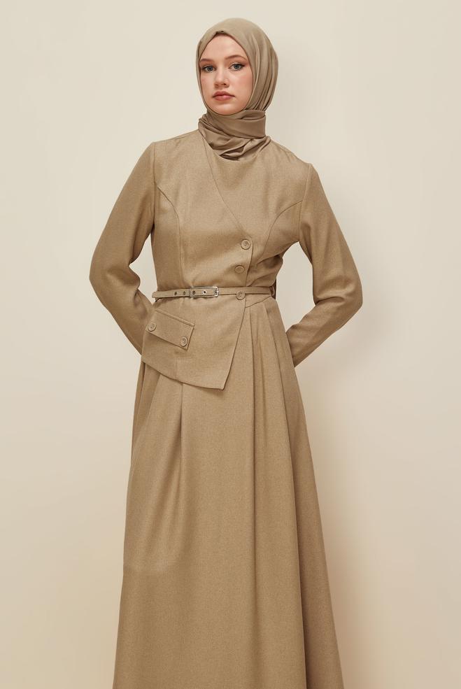Hijab clothing BEIGE JACKET-LOOK BELTED DRESS 45988 - ALVİNA