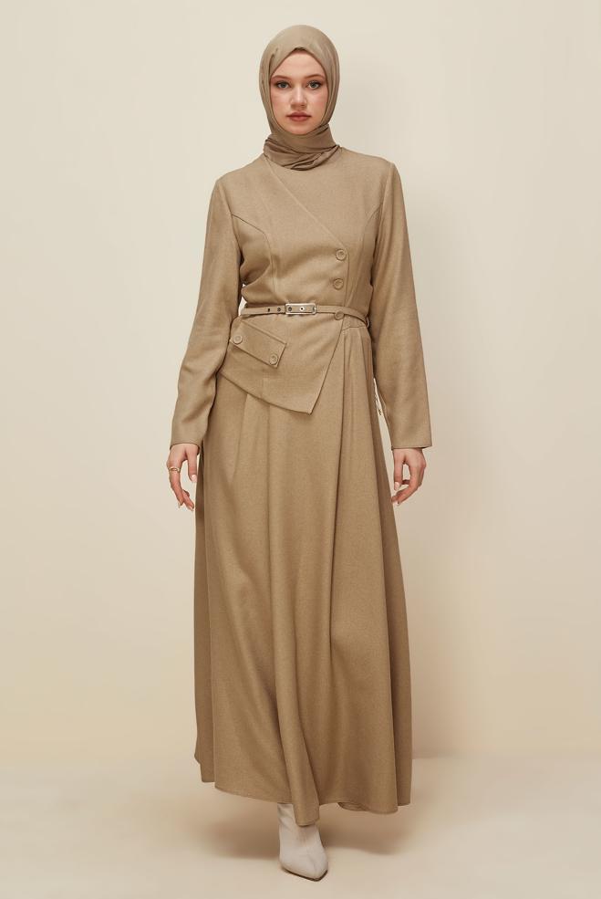 Hijab clothing BEIGE JACKET-LOOK BELTED DRESS 45988 - ALVİNA