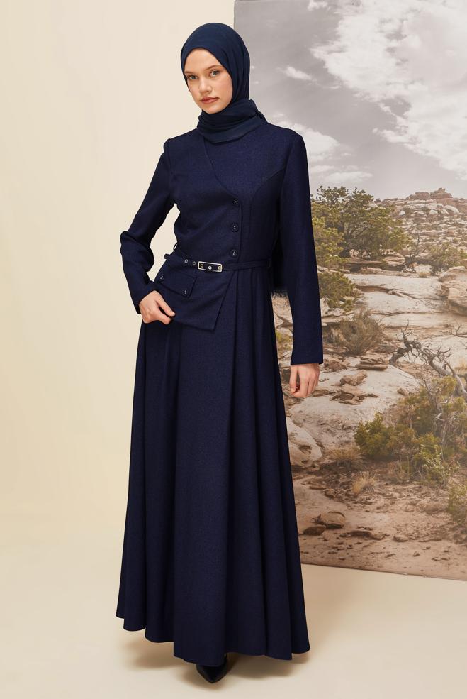 Vêtements hijab BLEU MARINE ROBE CEINTURÉE EFFET VESTE 45988 - ALVİNA
