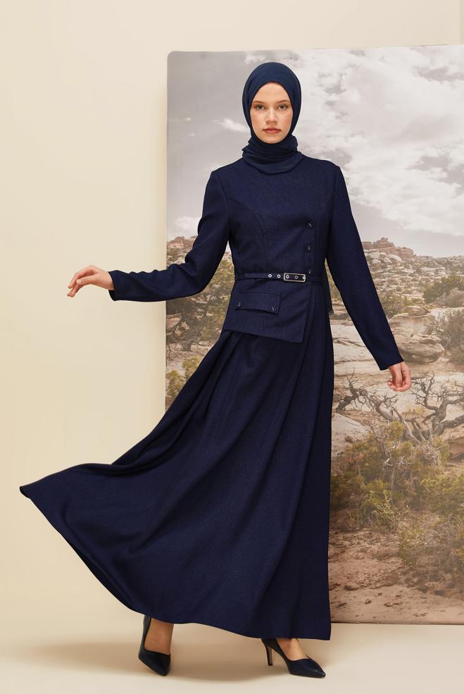 Vêtements hijab BLEU MARINE ROBE CEINTURÉE EFFET VESTE 45988 - ALVİNA