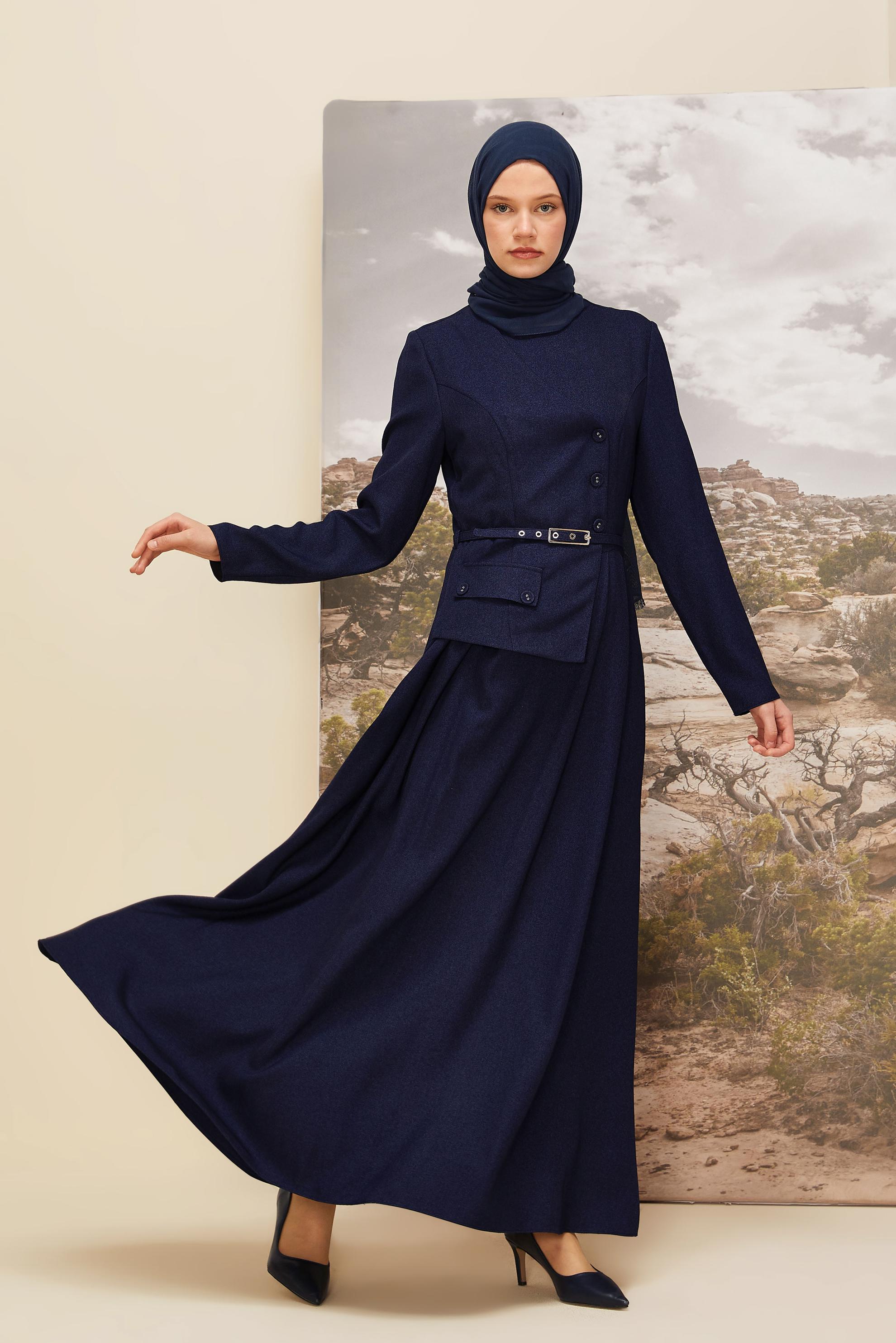 Tesettür giyim LACİVERT CEKET GÖRÜNÜMLÜ KEMERLİ ELBİSE 45988