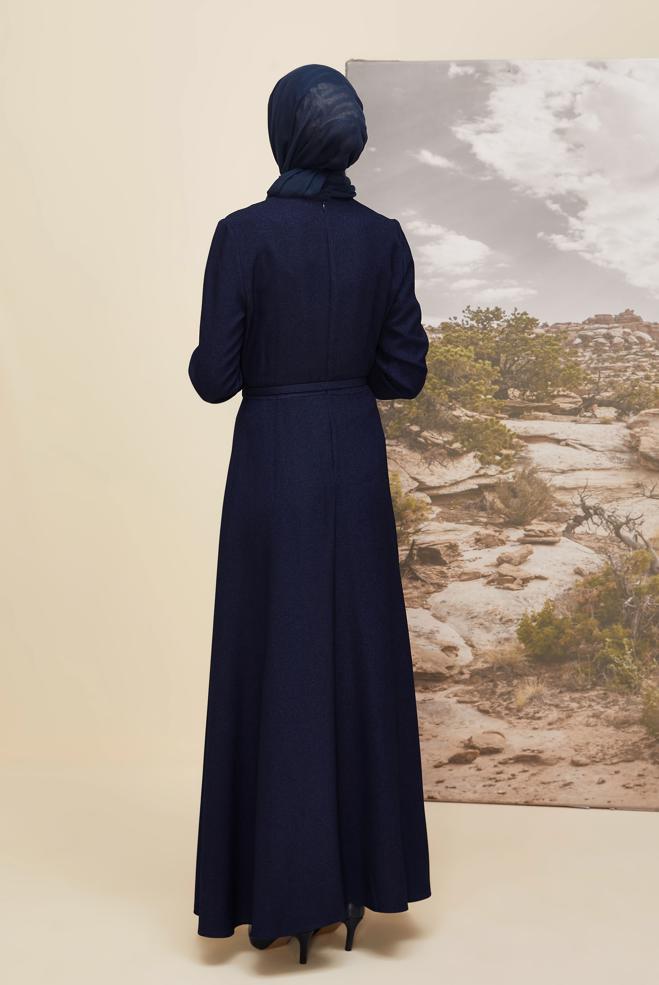 Vêtements hijab BLEU MARINE ROBE CEINTURÉE EFFET VESTE 45988 - ALVİNA