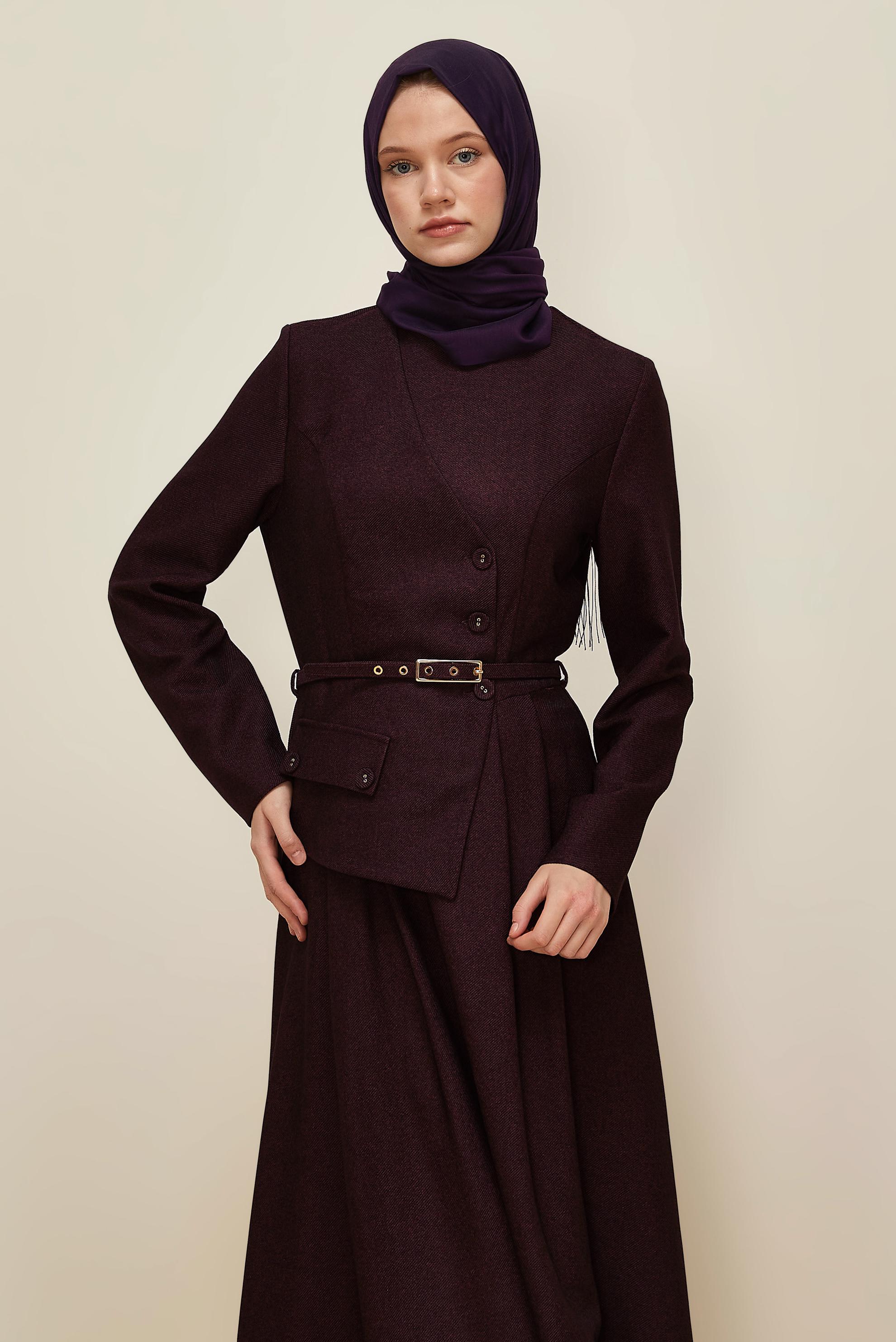 Tesettür giyim MÜRDÜM CEKET GÖRÜNÜMLÜ KEMERLİ ELBİSE 45988