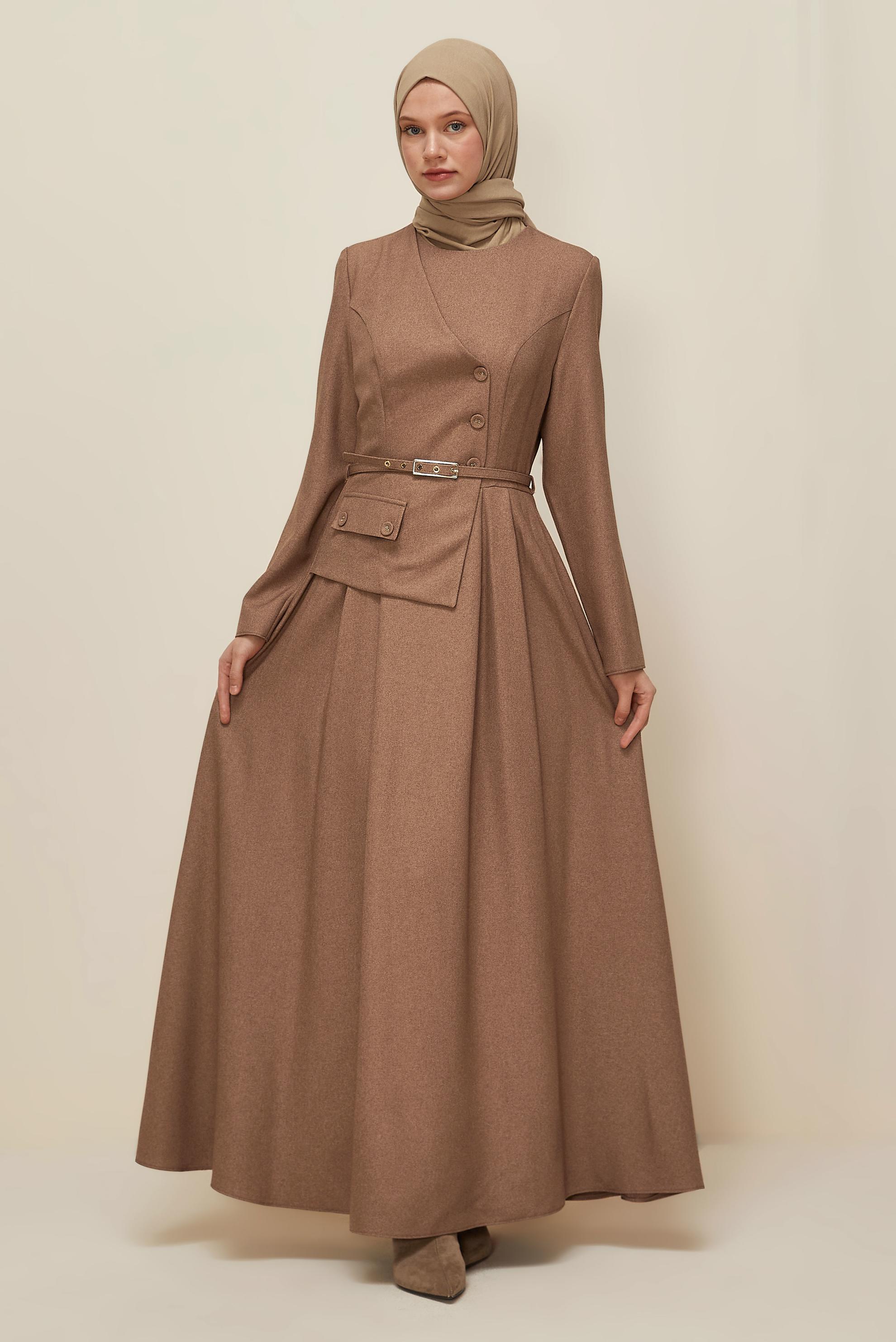 Tesettür giyim TABA CEKET GÖRÜNÜMLÜ KEMERLİ ELBİSE 45988