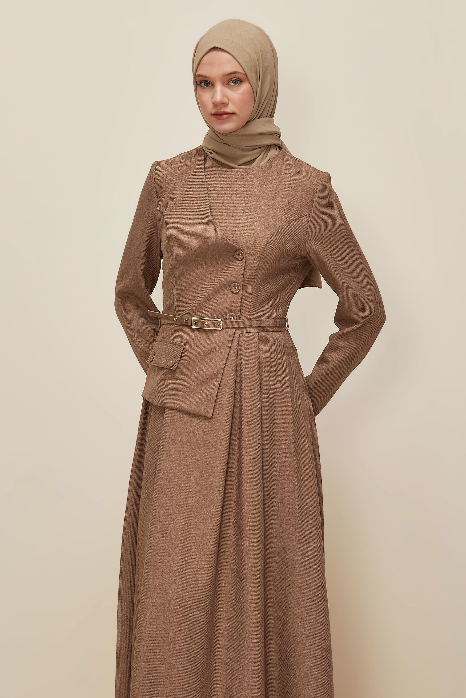 Tesettür giyim TABA CEKET GÖRÜNÜMLÜ KEMERLİ ELBİSE 45988